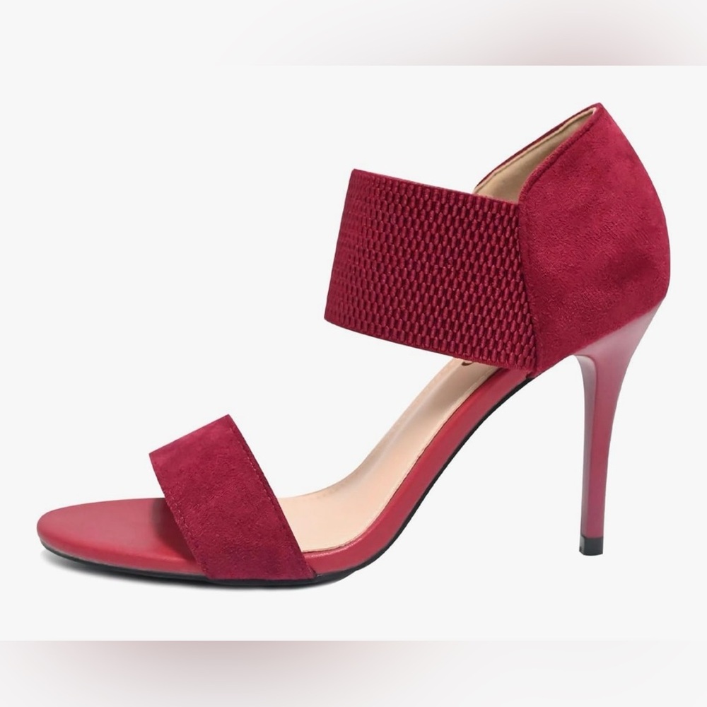 NEW Red Faux Suede Open Toe High Heels Stiletto Elastic Band Ankle 3.5” 7.5